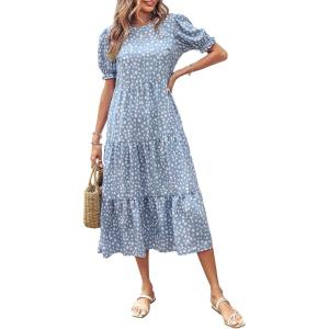 PRETTYGARDEN Summer Dresses for Women 2026 Casual Floral Boho Midi Sun Dress Puff Short Sleeve Flowy Beach Vacation Sundress(Blue)