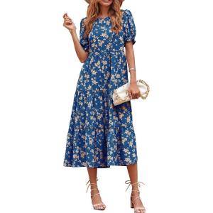 PRETTYGARDEN Summer Dresses for Women 2026 Casual Floral Boho Midi Sun Dress Puff Short Sleeve Flowy Beach Vacation Sundress(Blue Apricot)