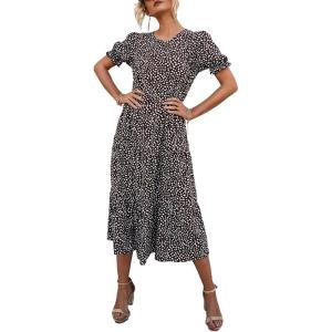 PRETTYGARDEN Summer Dresses for Women 2026 Casual Floral Boho Midi Sun Dress Puff Short Sleeve Flowy Beach Vacation Sundress(Coffee)