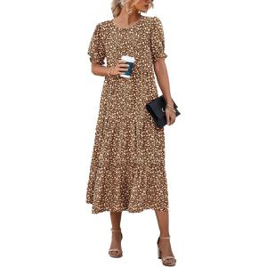 PRETTYGARDEN Summer Dresses for Women 2026 Casual Floral Boho Midi Sun Dress Puff Short Sleeve Flowy Beach Vacation Sundress(Coffee Apricot Leopard)