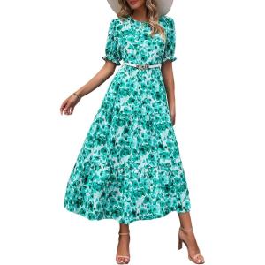 PRETTYGARDEN Summer Dresses for Women 2026 Casual Floral Boho Midi Sun Dress Puff Short Sleeve Flowy Beach Vacation Sundress(Floral Green)