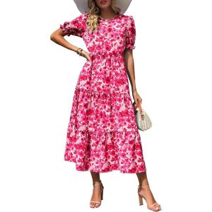 PRETTYGARDEN Summer Dresses for Women 2026 Casual Floral Boho Midi Sun Dress Puff Short Sleeve Flowy Beach Vacation Sundress(Floral Rose Red)