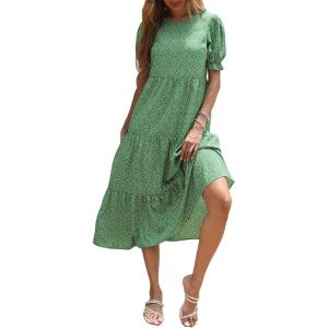 PRETTYGARDEN Summer Dresses for Women 2026 Casual Floral Boho Midi Sun Dress Puff Short Sleeve Flowy Beach Vacation Sundress(Green)
