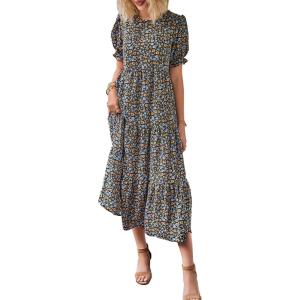 PRETTYGARDEN Summer Dresses for Women 2026 Casual Floral Boho Midi Sun Dress Puff Short Sleeve Flowy Beach Vacation Sundress(Navy Floral)