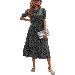 PRETTYGARDEN Summer Dresses for Women 2026 Casual Floral Boho Midi Sun Dress Puff Short Sleeve Flowy Beach Vacation Sundress(Polk Black)