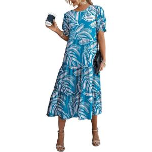 PRETTYGARDEN Summer Dresses for Women 2026 Casual Floral Boho Midi Sun Dress Puff Short Sleeve Flowy Beach Vacation Sundress(Print Blue)