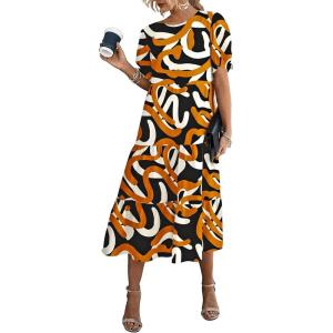 PRETTYGARDEN Summer Dresses for Women 2026 Casual Floral Boho Midi Sun Dress Puff Short Sleeve Flowy Beach Vacation Sundress(Print Yellow White)