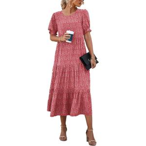 PRETTYGARDEN Summer Dresses for Women 2026 Casual Floral Boho Midi Sun Dress Puff Short Sleeve Flowy Beach Vacation Sundress(Red)