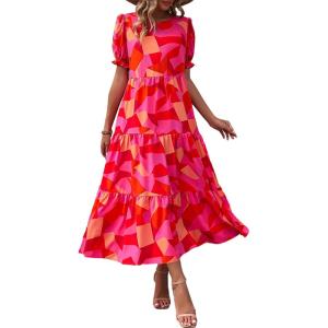 PRETTYGARDEN Summer Dresses for Women 2026 Casual Floral Boho Midi Sun Dress Puff Short Sleeve Flowy Beach Vacation Sundress(Red Block)