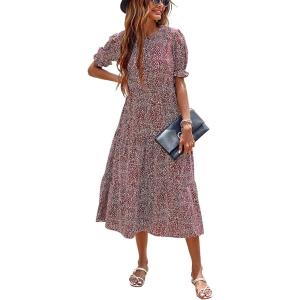 PRETTYGARDEN Summer Dresses for Women 2026 Casual Floral Boho Midi Sun Dress Puff Short Sleeve Flowy Beach Vacation Sundress(Red White)