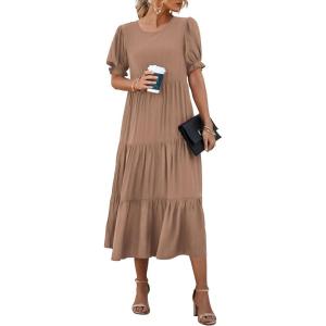 PRETTYGARDEN Summer Dresses for Women 2026 Casual Floral Boho Midi Sun Dress Puff Short Sleeve Flowy Beach Vacation Sundress(Solid Dark Khaki)