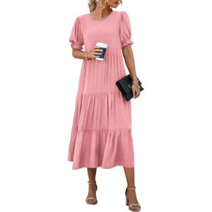 PRETTYGARDEN Summer Dresses for Women 2026 Casual Floral Boho Midi Sun Dress Puff Short Sleeve Flowy Beach Vacation Sundress(Solid Grey Pink)
