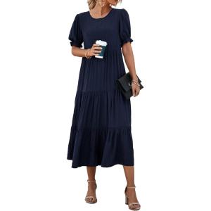 PRETTYGARDEN Summer Dresses for Women 2026 Casual Floral Boho Midi Sun Dress Puff Short Sleeve Flowy Beach Vacation Sundress(Solid Navy)