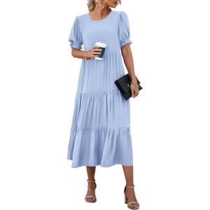 PRETTYGARDEN Summer Dresses for Women 2026 Casual Floral Boho Midi Sun Dress Puff Short Sleeve Flowy Beach Vacation Sundress(Solid Sky Blue)
