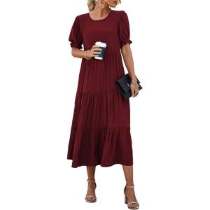 PRETTYGARDEN Summer Dresses for Women 2026 Casual Floral Boho Midi Sun Dress Puff Short Sleeve Flowy Beach Vacation Sundress(Solid Wine Red)