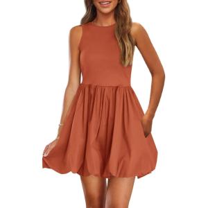 PRETTYGARDEN Summer Dresses for Women 2026 Casual Sleeveless Tank Mini Short Dress Crew Neck Bubble Sundress with Pockets(Orange)