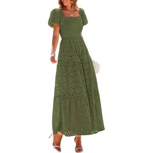 PRETTYGARDEN Summer Dresses for Women 2026 Eyelet Square Neck Puff Sleeve Smocked Wedding Guest Maxi Dress with Pockets(Army Green)