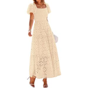 PRETTYGARDEN Summer Dresses for Women 2026 Eyelet Square Neck Puff Sleeve Smocked Wedding Guest Maxi Dress with Pockets(Beige)