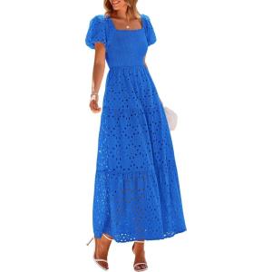 PRETTYGARDEN Summer Dresses for Women 2026 Eyelet Square Neck Puff Sleeve Smocked Wedding Guest Maxi Dress with Pockets(Blue)