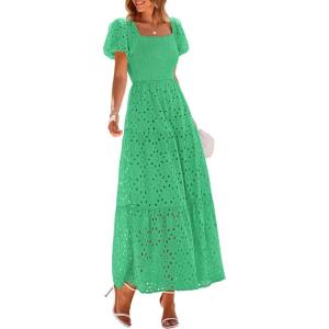 PRETTYGARDEN Summer Dresses for Women 2026 Eyelet Square Neck Puff Sleeve Smocked Wedding Guest Maxi Dress with Pockets(Green)