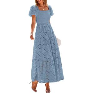 PRETTYGARDEN Summer Dresses for Women 2026 Eyelet Square Neck Puff Sleeve Smocked Wedding Guest Maxi Dress with Pockets(Grey Blue)