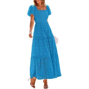 PRETTYGARDEN Summer Dresses for Women 2026 Eyelet Square Neck Puff Sleeve Smocked Wedding Guest Maxi Dress with Pockets(Lake Blue)