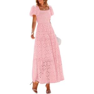 PRETTYGARDEN Summer Dresses for Women 2026 Eyelet Square Neck Puff Sleeve Smocked Wedding Guest Maxi Dress with Pockets(Pink)