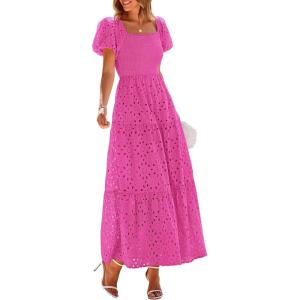 PRETTYGARDEN Summer Dresses for Women 2026 Eyelet Square Neck Puff Sleeve Smocked Wedding Guest Maxi Dress with Pockets(Rose Pink)