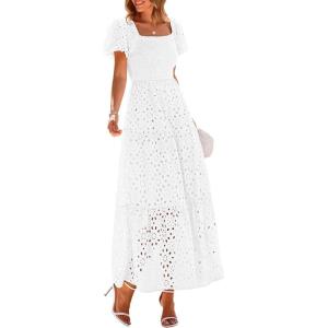 PRETTYGARDEN Summer Dresses for Women 2026 Eyelet Square Neck Puff Sleeve Smocked Wedding Guest Maxi Dress with Pockets(White)