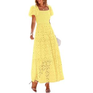 PRETTYGARDEN Summer Dresses for Women 2026 Eyelet Square Neck Puff Sleeve Smocked Wedding Guest Maxi Dress with Pockets(Yellow)