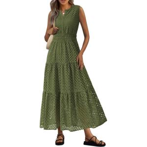 PRETTYGARDEN Summer Dresses for Women 2026 Sundresses Sleeveless V Neck Eyelet A Line Flowy Beach Vacation Spring Maxi Dress(Army Green)