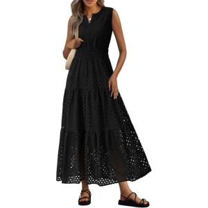 PRETTYGARDEN Summer Dresses for Women 2026 Sundresses Sleeveless V Neck Eyelet A Line Flowy Beach Vacation Spring Maxi Dress(Black)