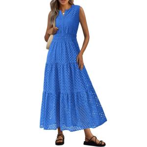 PRETTYGARDEN Summer Dresses for Women 2026 Sundresses Sleeveless V Neck Eyelet A Line Flowy Beach Vacation Spring Maxi Dress(Blue)