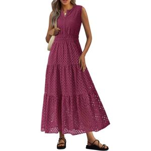 PRETTYGARDEN Summer Dresses for Women 2026 Sundresses Sleeveless V Neck Eyelet A Line Flowy Beach Vacation Spring Maxi Dress(Burgundy)