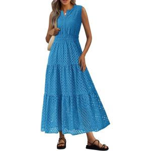 PRETTYGARDEN Summer Dresses for Women 2026 Sundresses Sleeveless V Neck Eyelet A Line Flowy Beach Vacation Spring Maxi Dress(Lake Blue)