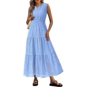 PRETTYGARDEN Summer Dresses for Women 2026 Sundresses Sleeveless V Neck Eyelet A Line Flowy Beach Vacation Spring Maxi Dress(Light Blue)