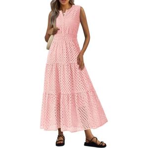 PRETTYGARDEN Summer Dresses for Women 2026 Sundresses Sleeveless V Neck Eyelet A Line Flowy Beach Vacation Spring Maxi Dress(Pink)