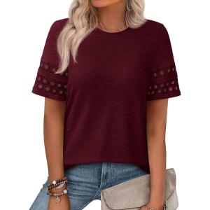 PRETTYGARDEN Summer Tops for Women 2026 Lace Short Sleeve T-Shirts Casual Blouses Spring Fashion Clothes Vacation Outfits(Burgundy)