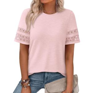 PRETTYGARDEN Summer Tops for Women 2026 Lace Short Sleeve T-Shirts Casual Blouses Spring Fashion Clothes Vacation Outfits(Pink)