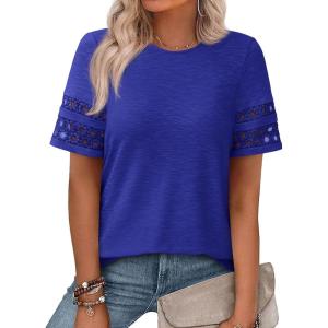 PRETTYGARDEN Summer Tops for Women 2026 Lace Short Sleeve T-Shirts Casual Blouses Spring Fashion Clothes Vacation Outfits(Royal Blue)