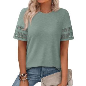 PRETTYGARDEN Summer Tops for Women 2026 Lace Short Sleeve T-Shirts Casual Blouses Spring Fashion Clothes Vacation Outfits(Sage Green)