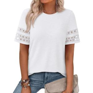 PRETTYGARDEN Summer Tops for Women 2026 Lace Short Sleeve T-Shirts Casual Blouses Spring Fashion Clothes Vacation Outfits(White)