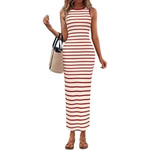 PRETTYGARDEN Sundresses for Women 2026 Summer Striped Knit Side Slit Spring Fashion Bodycon Maxi Dress Beach Vacation Clothes(Red)