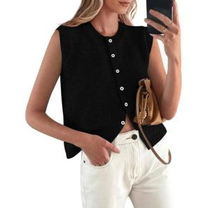 PRETTYGARDEN Sweater Vest Tops for Women 2026 Lightweight Summer Cardigan Sleeveless Button Up Knit Casual Spring Clothes(Black)