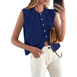 PRETTYGARDEN Sweater Vest Tops for Women 2026 Lightweight Summer Cardigan Sleeveless Button Up Knit Casual Spring Clothes(Dark Blue)