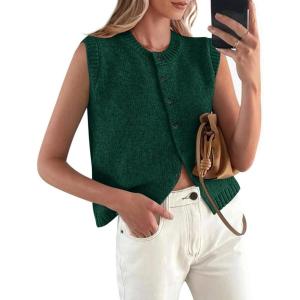 PRETTYGARDEN Sweater Vest Tops for Women 2026 Lightweight Summer Cardigan Sleeveless Button Up Knit Casual Spring Clothes(Dark Green)