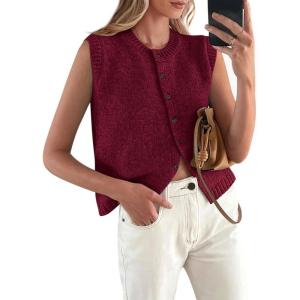 PRETTYGARDEN Sweater Vest Tops for Women 2026 Lightweight Summer Cardigan Sleeveless Button Up Knit Casual Spring Clothes(Dark Wine Red)