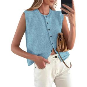 PRETTYGARDEN Sweater Vest Tops for Women 2026 Lightweight Summer Cardigan Sleeveless Button Up Knit Casual Spring Clothes(Light Blue)