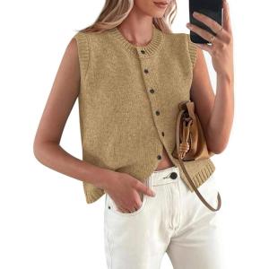 PRETTYGARDEN Sweater Vest Tops for Women 2026 Lightweight Summer Cardigan Sleeveless Button Up Knit Casual Spring Clothes(Light Khaki)
