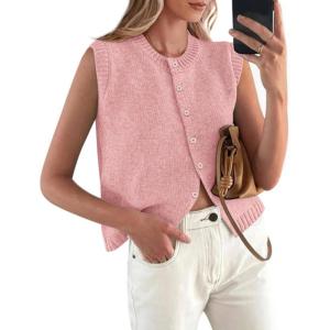 PRETTYGARDEN Sweater Vest Tops for Women 2026 Lightweight Summer Cardigan Sleeveless Button Up Knit Casual Spring Clothes(Pink)
